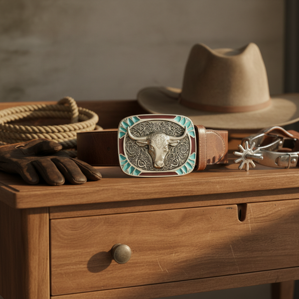 turquoise and coral silver steer head square belt buckle