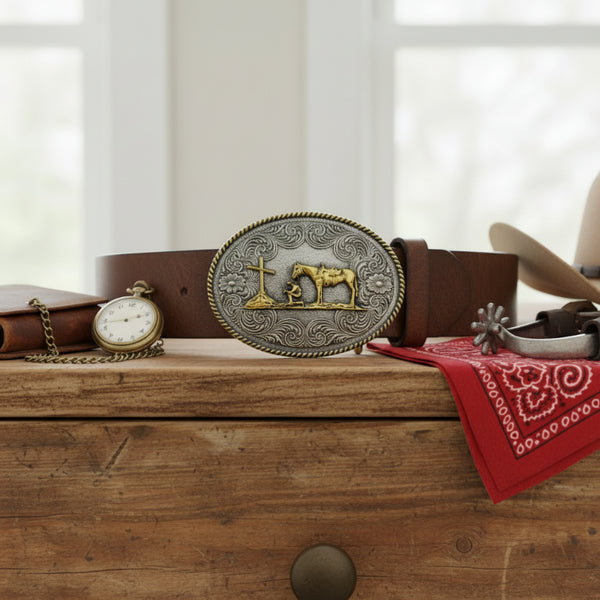 the praying cowboy silver and gold oval belt buckle