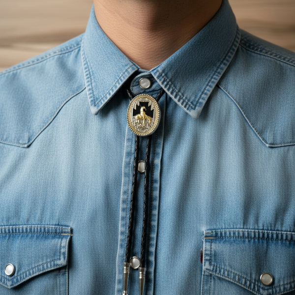 end of the trail oval gold and silver bolo tie