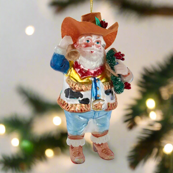 glass cowboy santa ornament