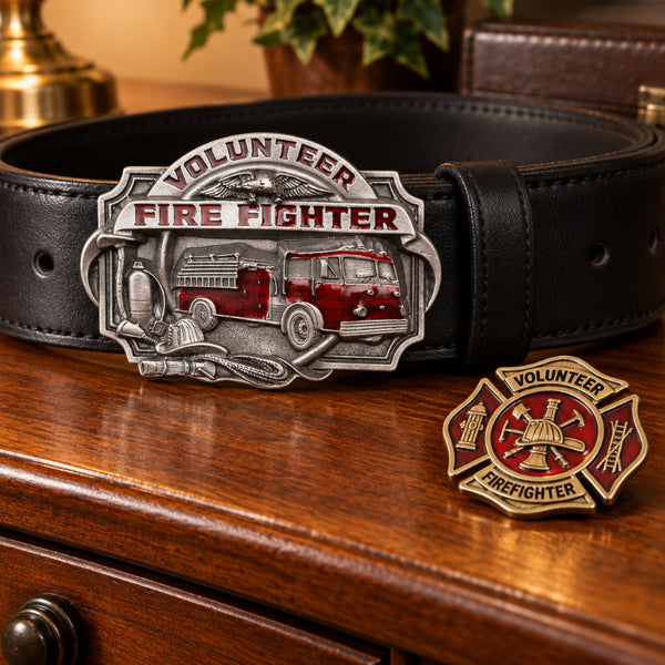 volunteer fire fighter red enamel belt buckle
