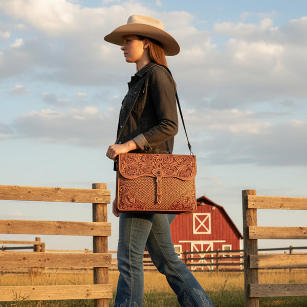 swirls and serifs tooled leather briefcase laptop bag with black strap