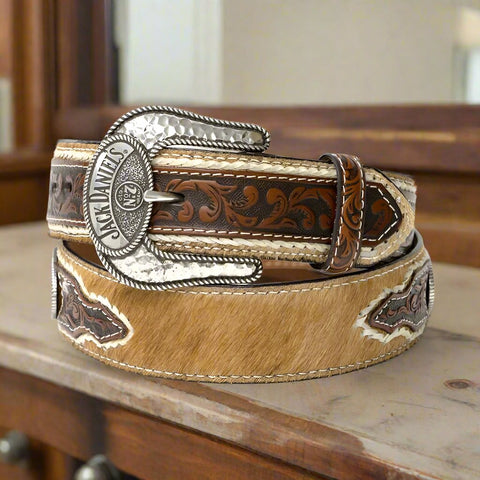 Jack Daniels Floral Hair-On Silver Plated Brown Leather Concho Belt