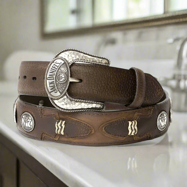 jack daniels brown leather silver concho belt