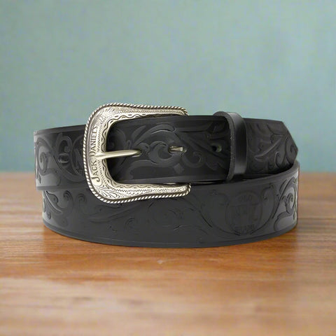 Jack Daniels Silver Plated Black Leather Belt
