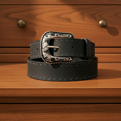 Western Diagonal Stitch Top Grain Black Leather Belt