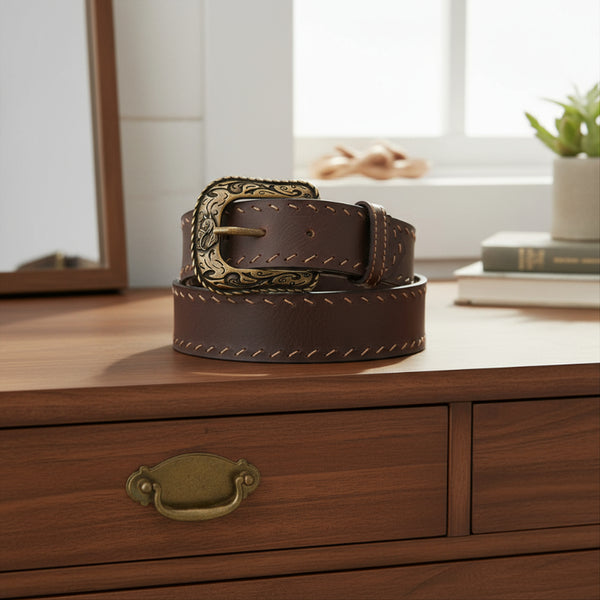 western diagonal stitch top grain brown leather belt