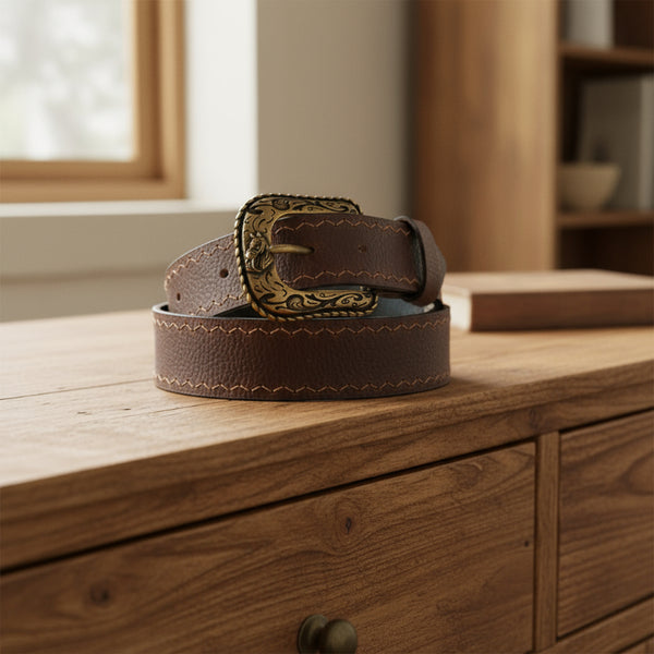 western arrow tip stitch top grain brown leather belt