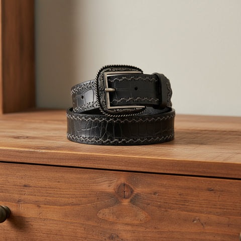 Western Gator Top Grain Black Leather Belt