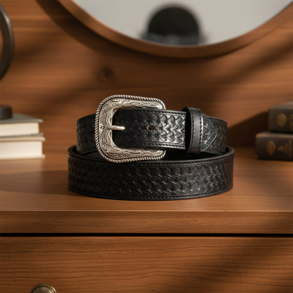 tooled top grain black leather belt