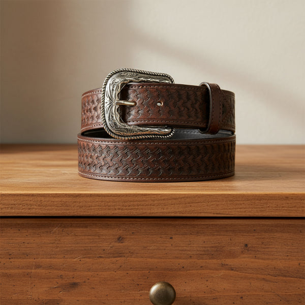 tooled top grain brown leather belt