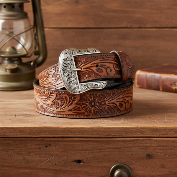 floral tooled top grain brown leather belt
