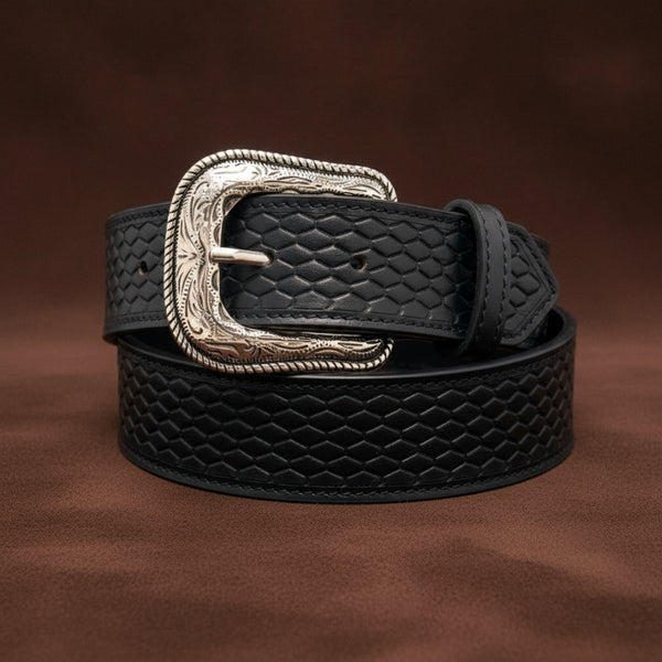 snake skin pattern top grain black leather belt