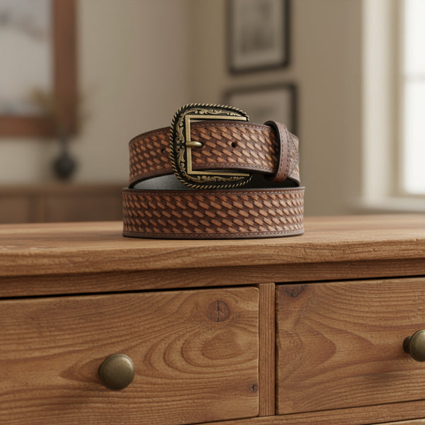 tooled basket weave top grain brown leather belt