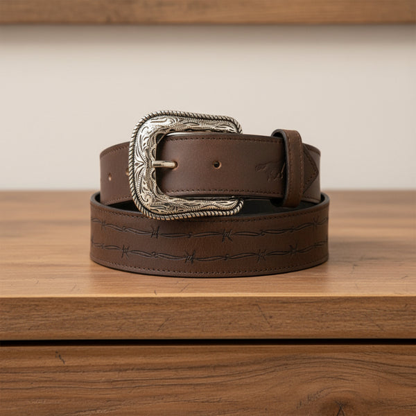 barbed wire top grain brown leather belt
