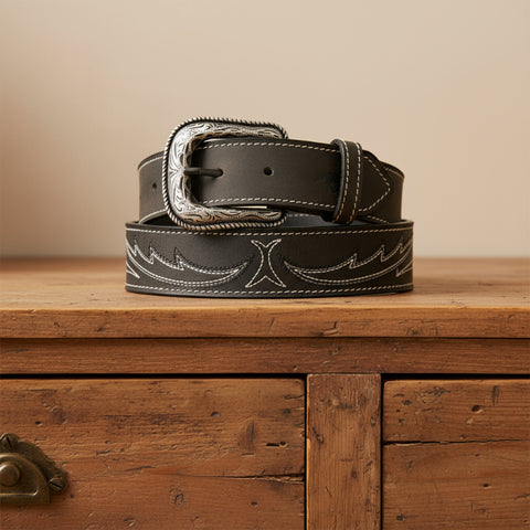 Stitched Top Grain Black Leather Belt