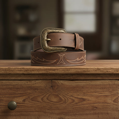 Stitched Top Grain Brown Leather Belt