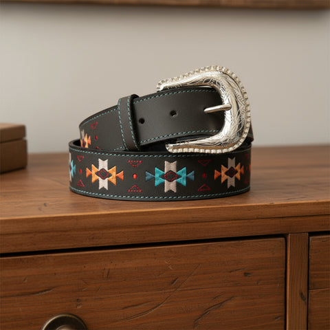 Southwestern Embroidery Top Grain Black Leather Belt