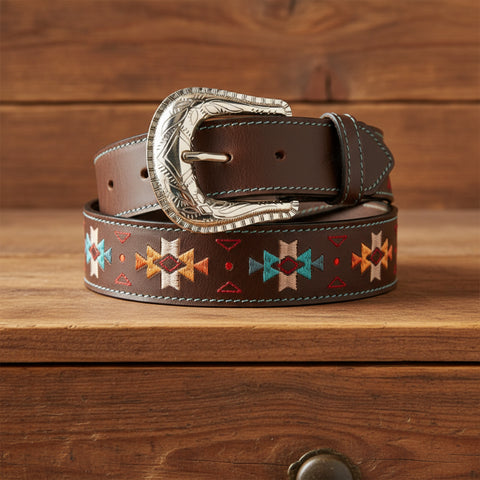 Southwestern Embroidery Top Grain Brown Leather Belt
