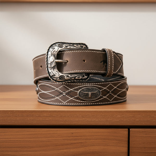 stitched conchos top grain black leather belt