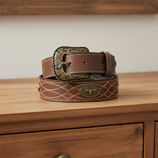stitched conchos top grain brown leather belt