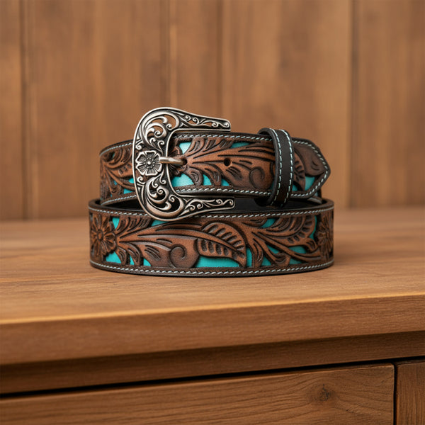 floral tooled cutout top grain black leather belt