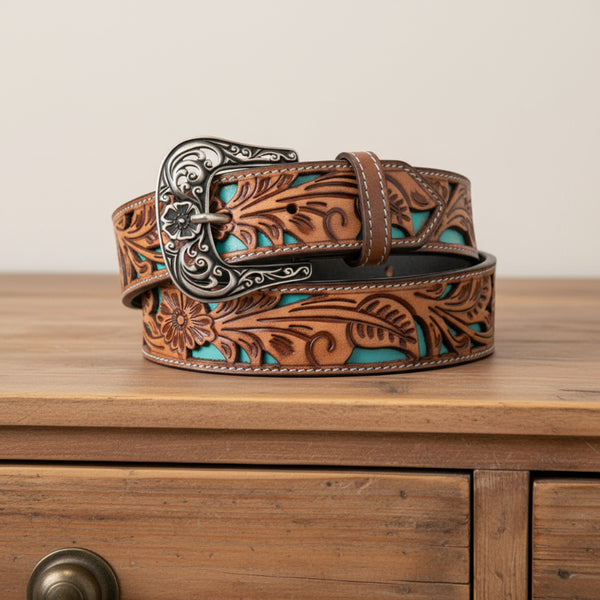 floral tooled cutout top grain brown leather belt