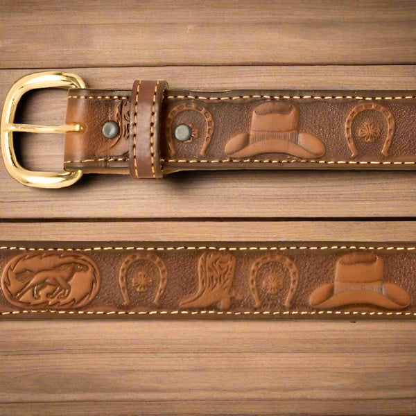 hats boots and horseshoes brown leather belt