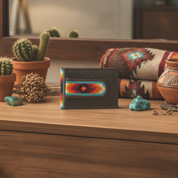 twisted x embroidered aztec brown leather bifold money clip card wallet