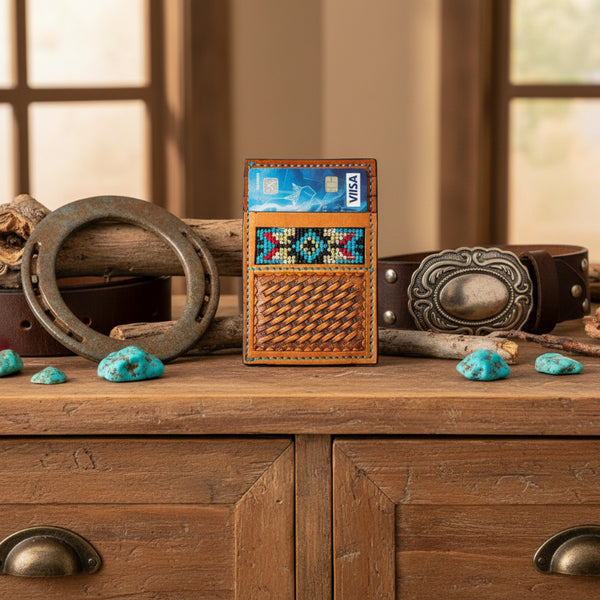 aztec embroidered leather money clip front pocket wallet