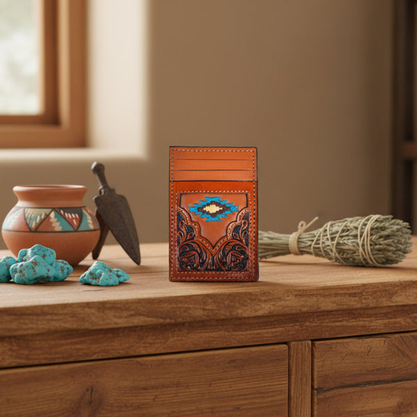 aztec and tooled leather money clip with card wallet
