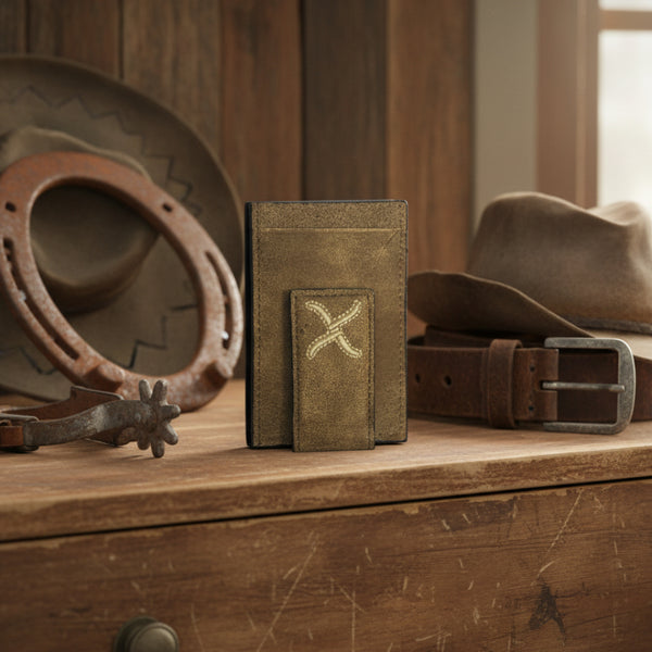 twisted x embroidered taupe leather money clip front pocket wallet