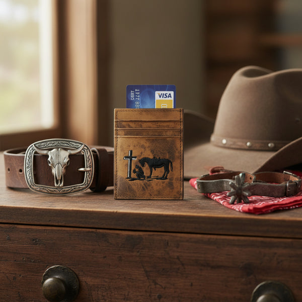 the praying cowboy leather money clip front pocket wallet