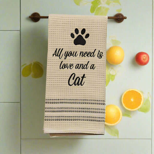 love and a cat kitchen dish towel