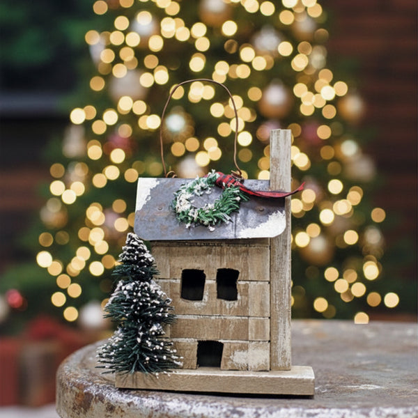 primitive town snowy cabin ornament