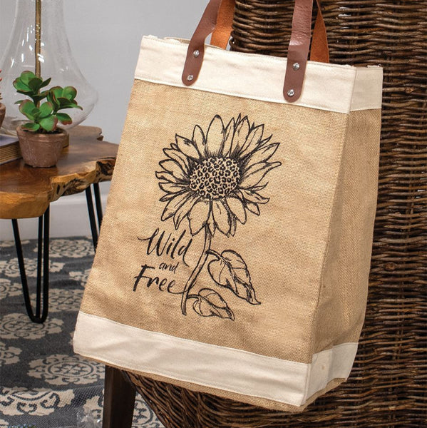 wild and free sunflower jute tote