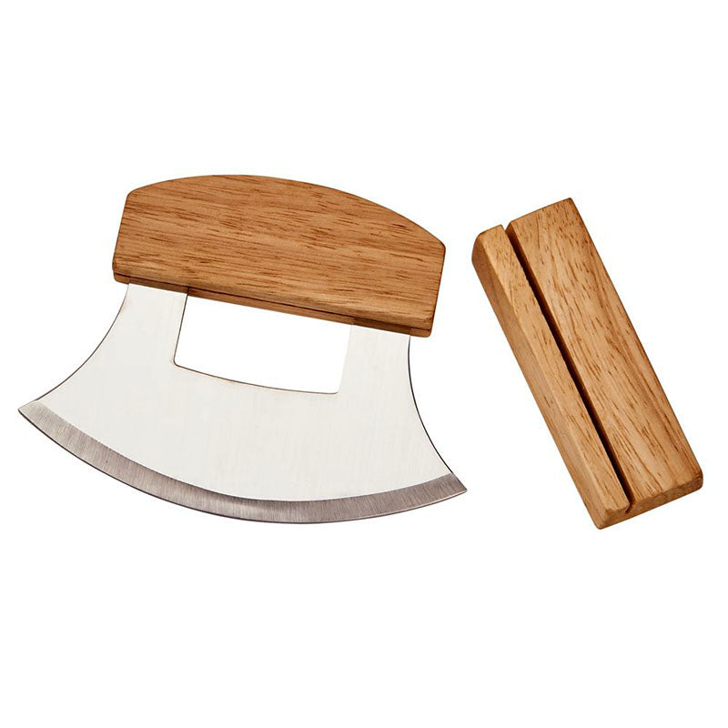 stainless steel ulu knife with wooden stand