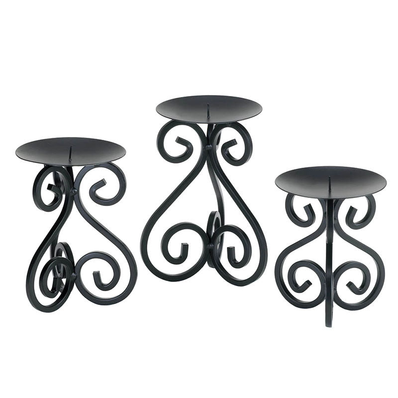 wrought iron scrollwork standing candle holder trio