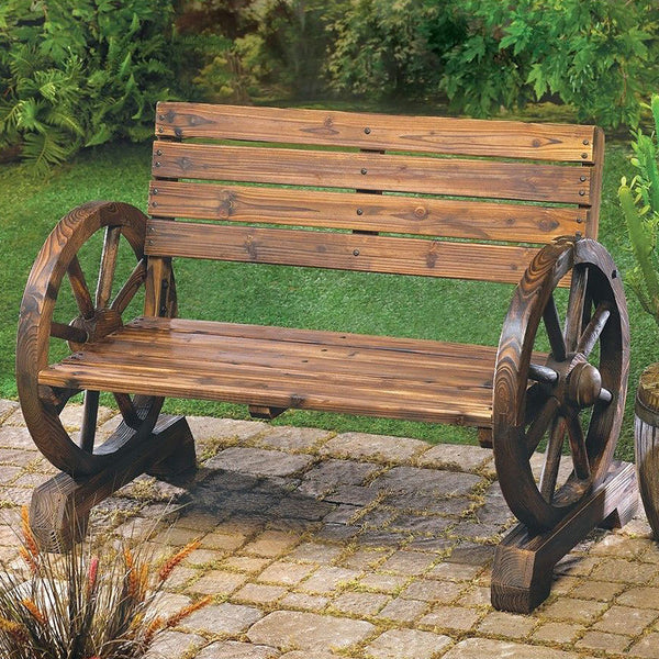 stagecoach style wagon wheel garden bench