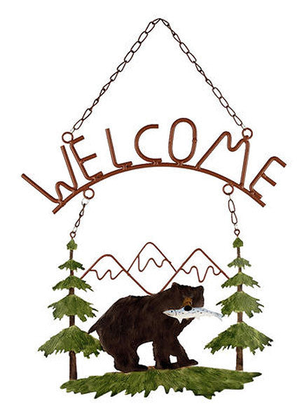 bear with fish mountain scene welcome sign