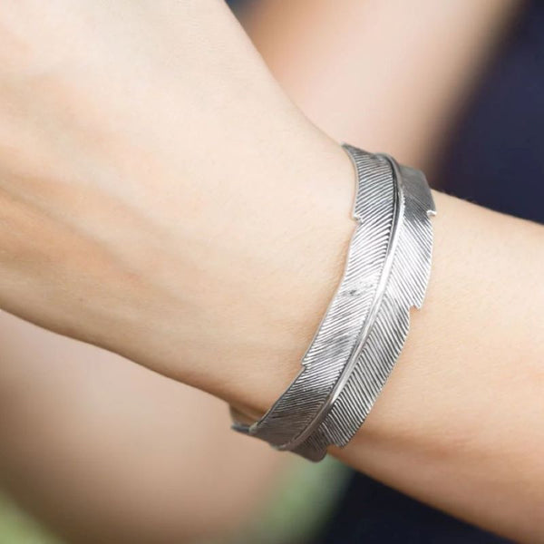 sterling silver oxidized feather pattern cuff bracelet