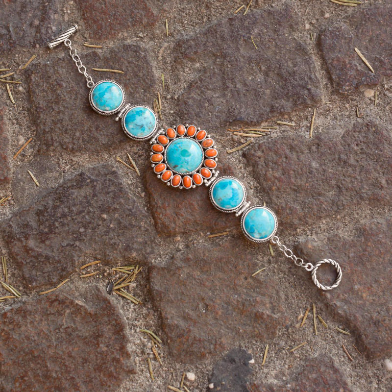 reconstituted turquoise and coral sunburst toggle bracelet