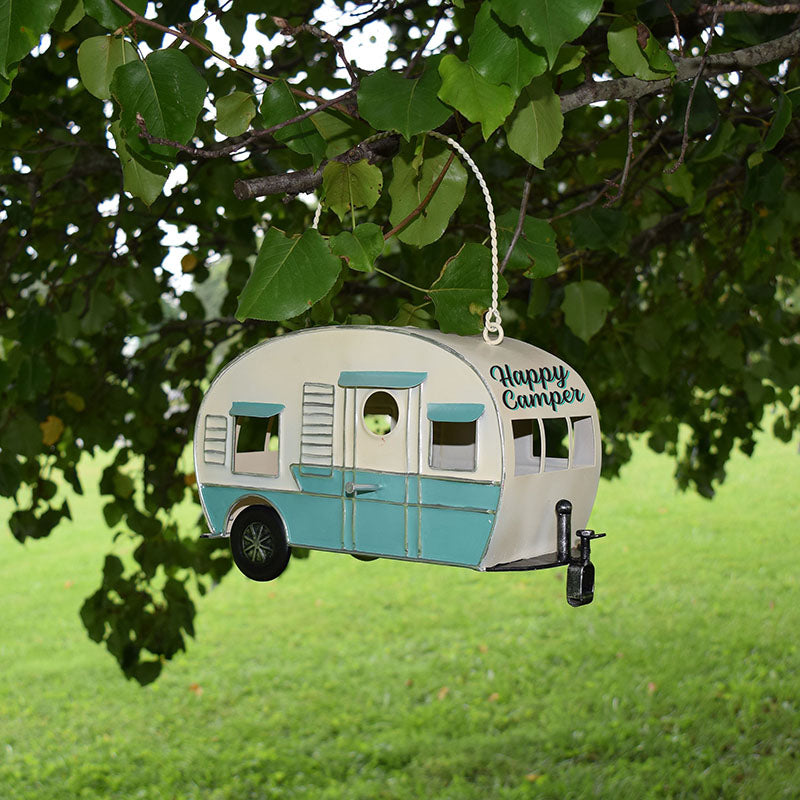 vintage turquoise & white camper trailer birdhouse
