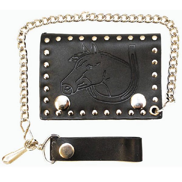 leather stamped & brass riveted horse head mens biker wallet
