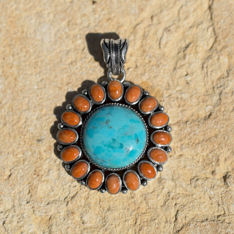 turquoise and coral sunburst necklace pendant