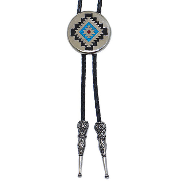 round aztec turquoise and coral inlay bolo tie
