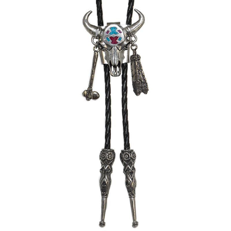 medicine bull turquoise and coral inlay bolo tie