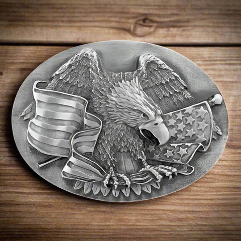 Oval Eagle American Flag Pewter Belt Buckle