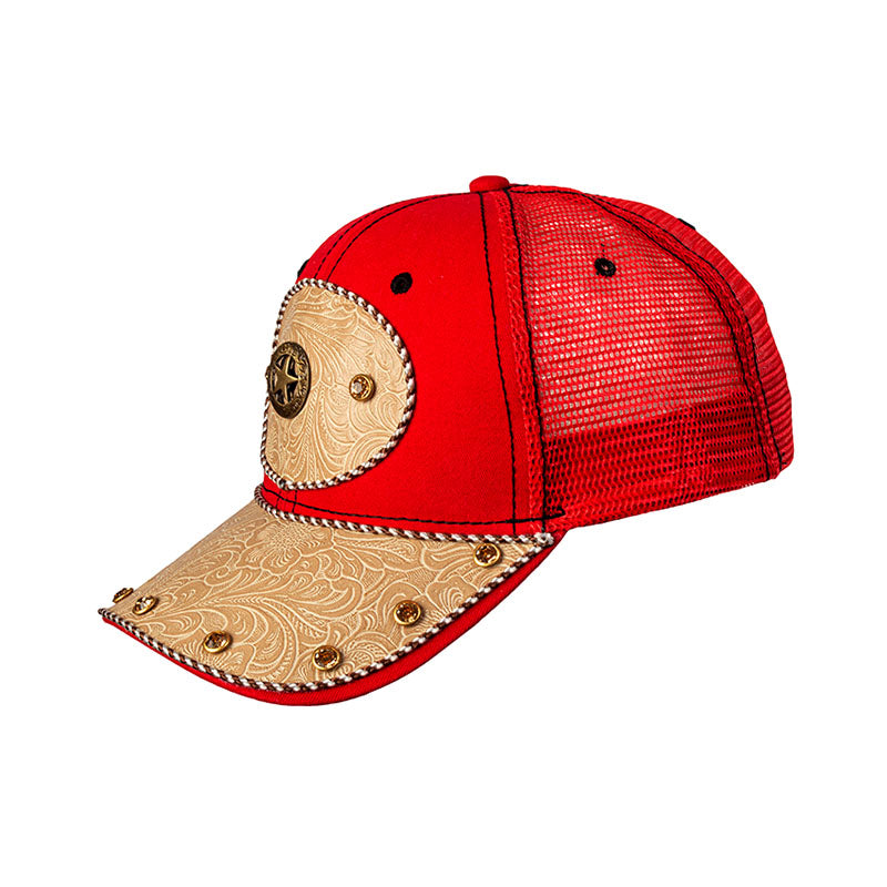 red and tan embossed leather star baseball cap