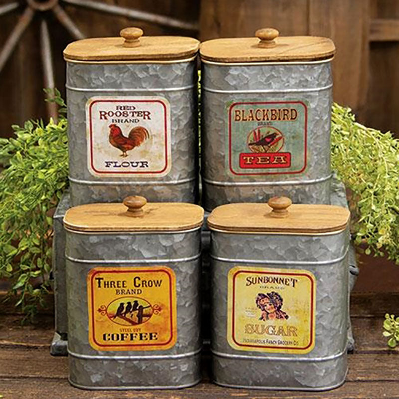 Vintage Advertising Galvanized and Wood Kitchen Canisters
